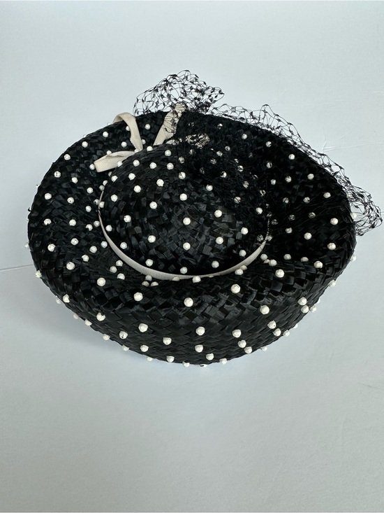 Source Unknown Accessories - Vintage 1950s Black Pearl Pillbox Hat Birdcage Veil Jackie Kennedy Style